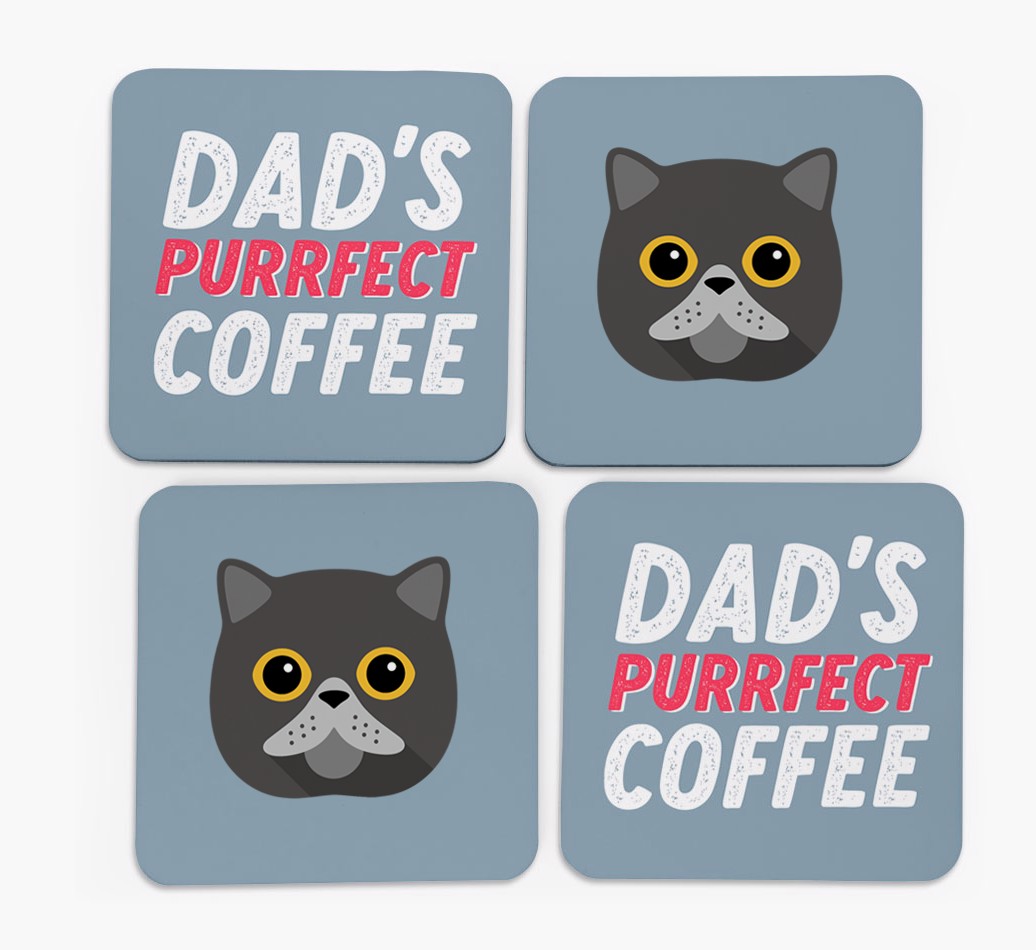 Dad's Purrfect Coffee: Personalized {breedFullName} Coasters - front of coasters