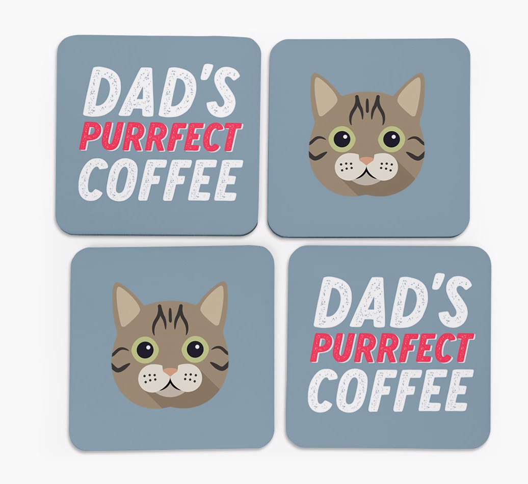 Dad's Purrfect Coffee: Personalized {breedFullName} Coasters - front of coasters