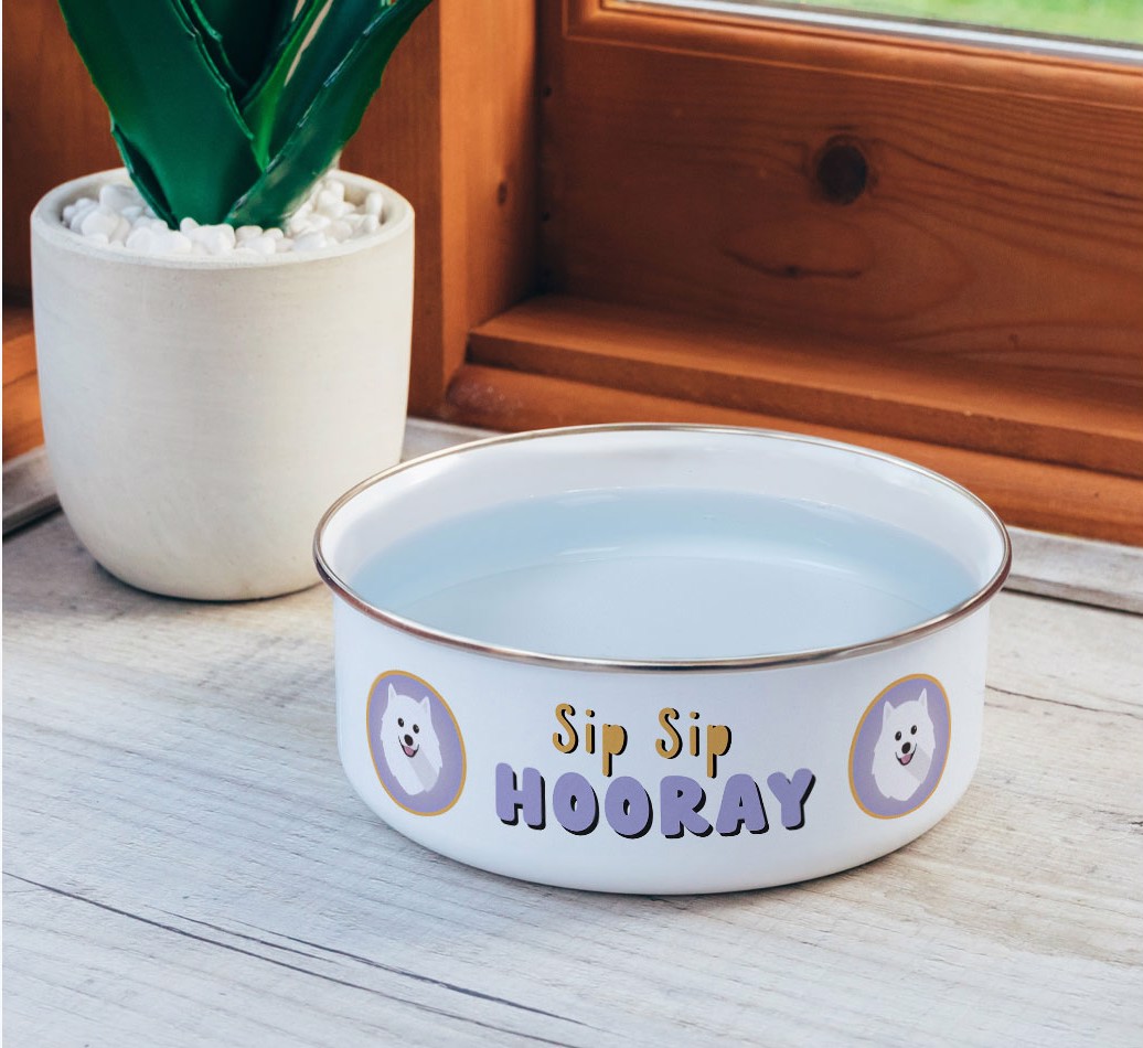 Sip Sip Hooray: Personalised {breedFullName} Enamel Dog Bowl