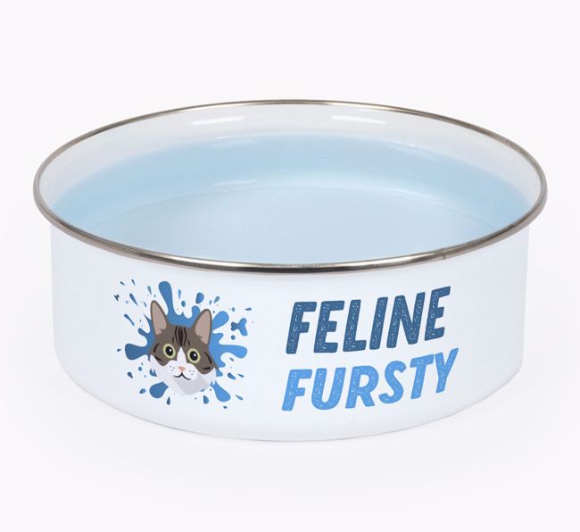 Feline Fursty: Personalised {breedCommonName} Enamel Cat Bowl