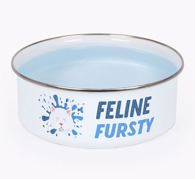 Feline Fursty: Personalised {breedCommonName} Enamel Cat Bowl