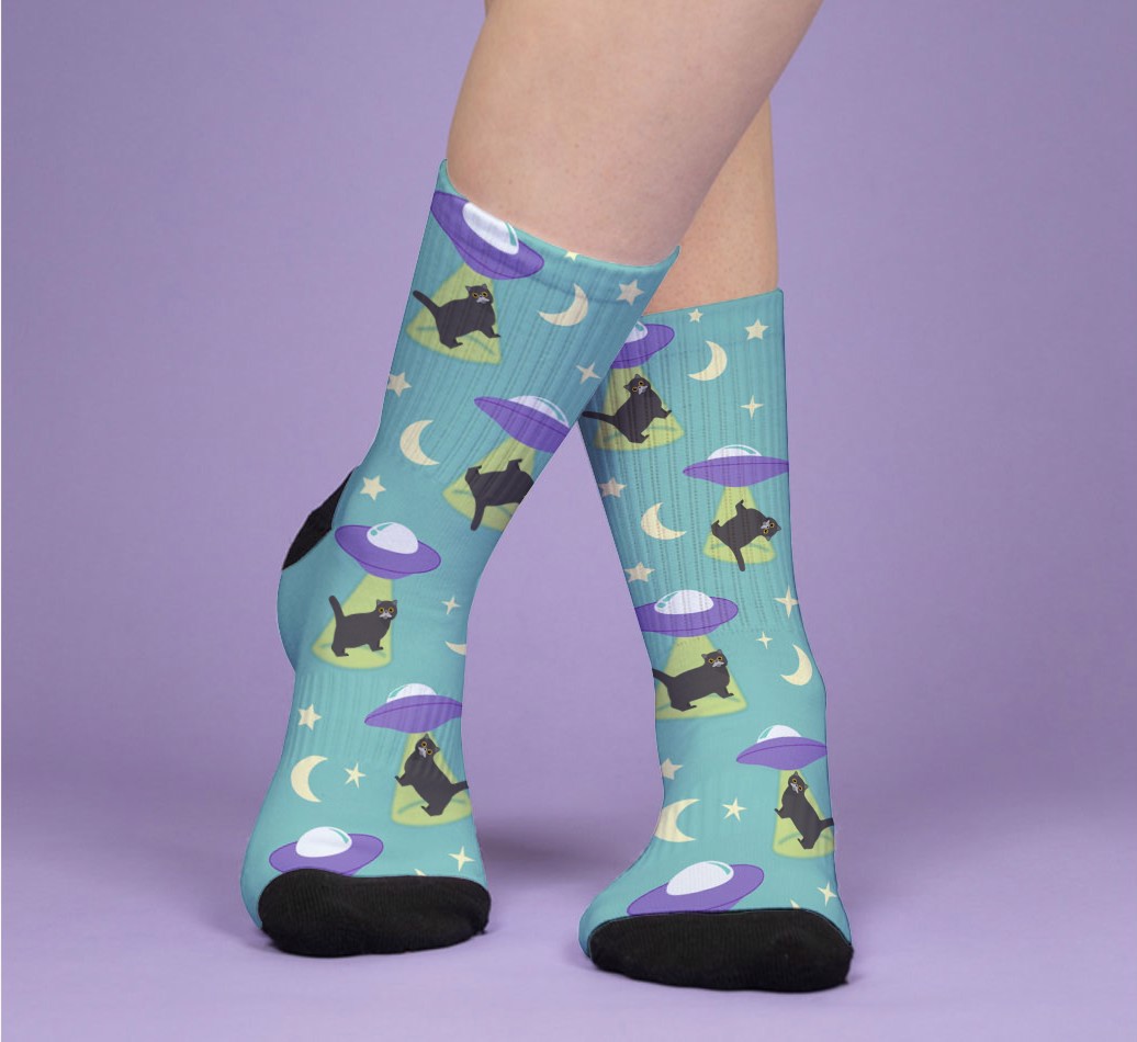 UFO Cat Abduction: Personalised {breedFullName} Socks - woman's feet on purple background