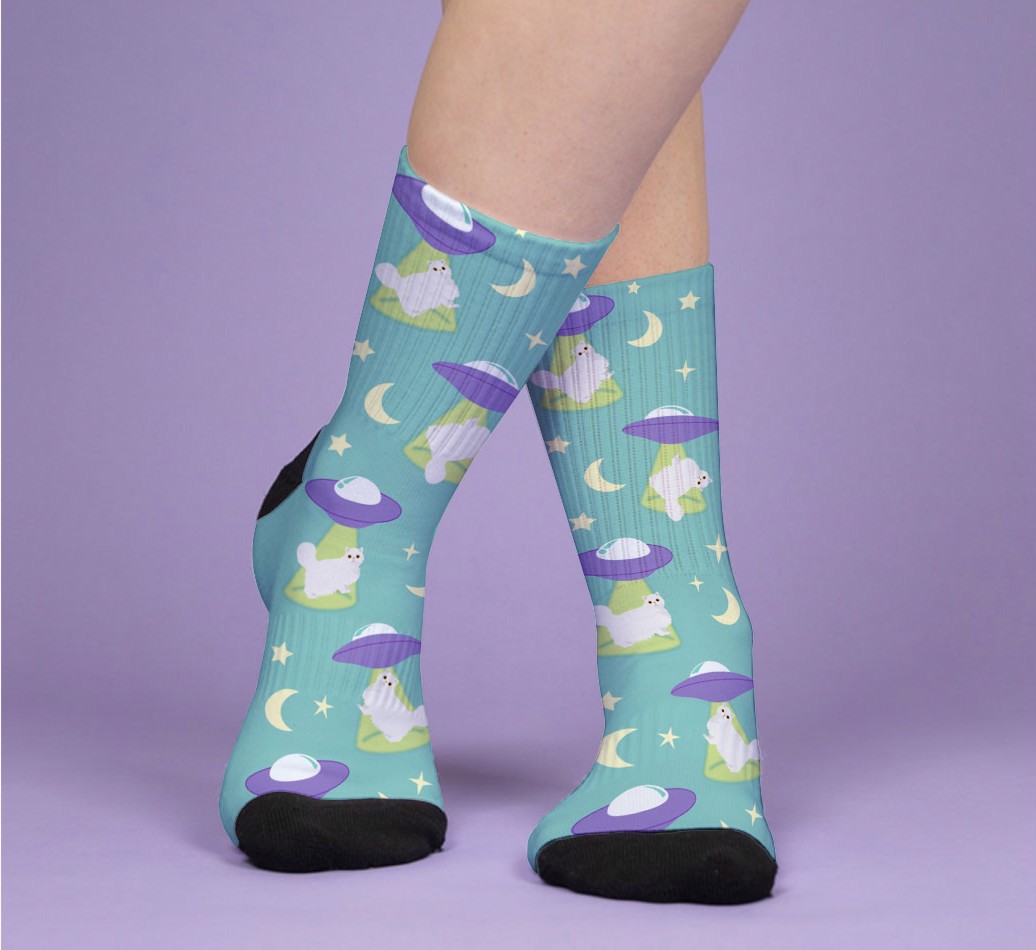 UFO Cat Abduction: Personalized {breedFullName} Socks - woman's feet on purple background