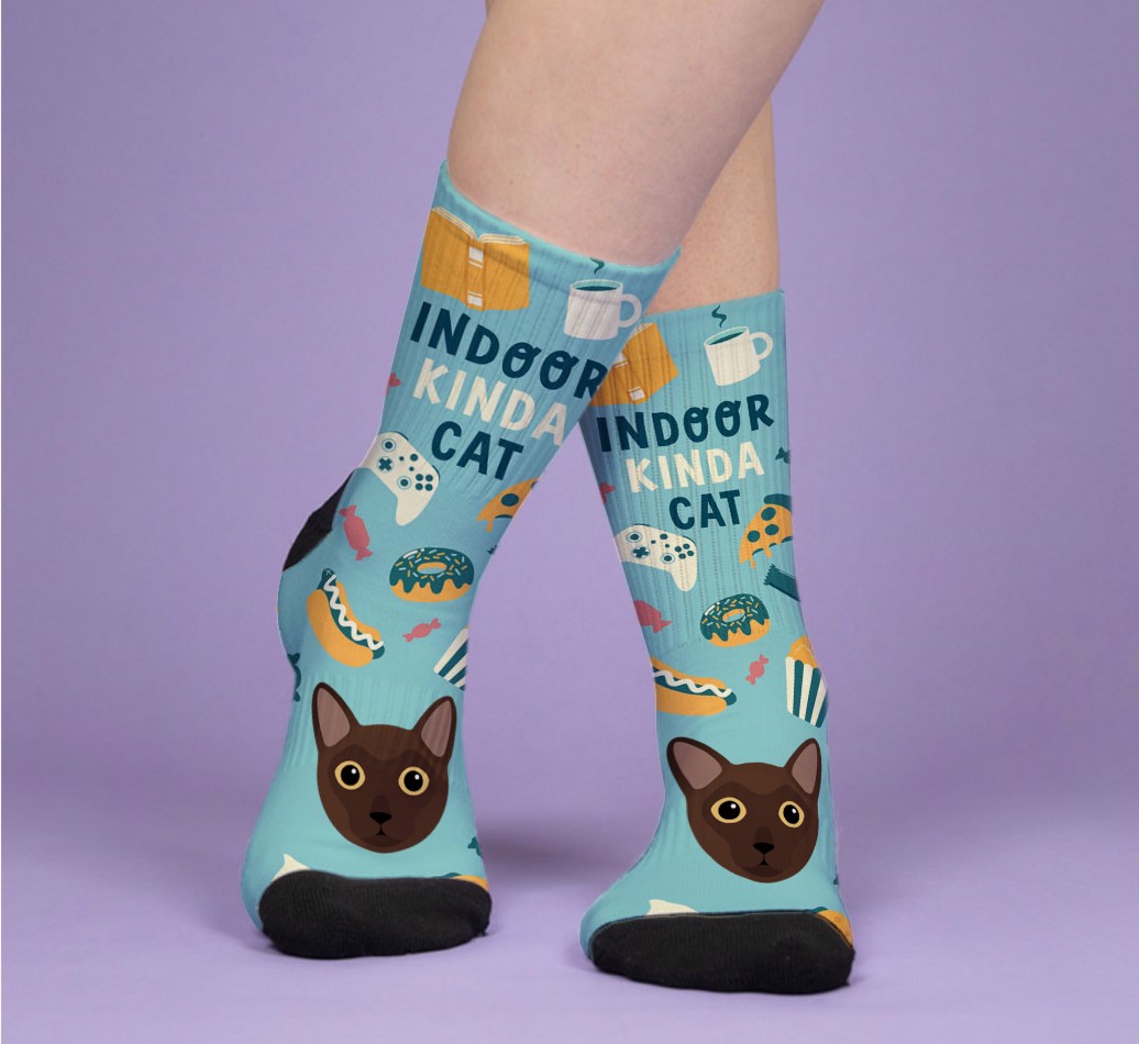 Indoor Kinda Cat: Personalized {breedFullName} Socks - woman's feet on purple background