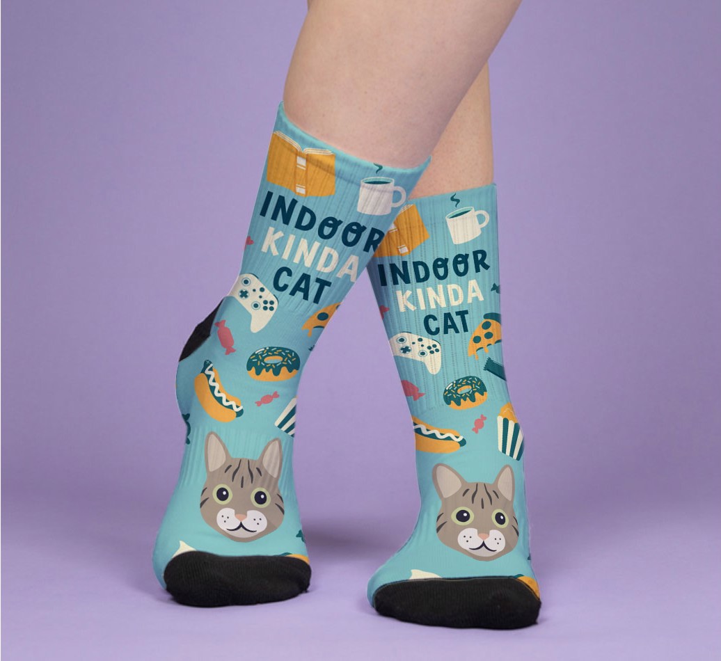 Indoor Kinda Cat: Personalised {breedFullName} Socks - woman's feet on purple background