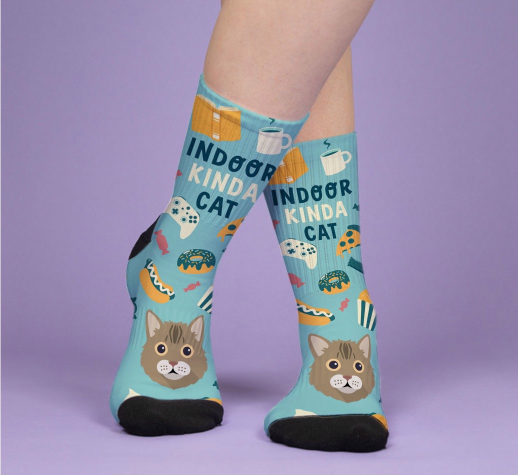 Indoor Kinda Cat: Personalized {breedFullName} Socks - woman's feet on purple background