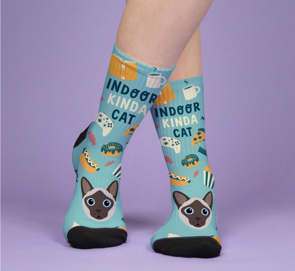 Indoor Kinda Cat: Personalized {breedFullName} Socks - woman's feet on purple background