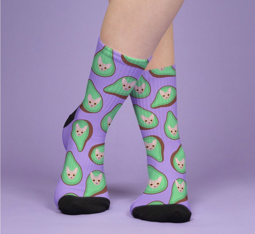 Avo-cat-o Pattern: Personalised {breedFullName} Socks - woman's feet on purple background