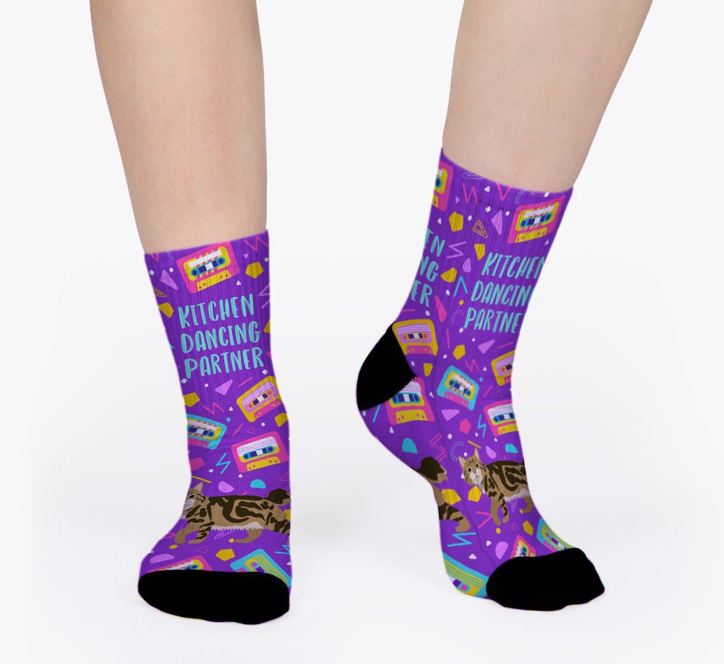 Kitchen Dancing Partner: Personalized {breedFullName} Socks - woman's feet on purple background