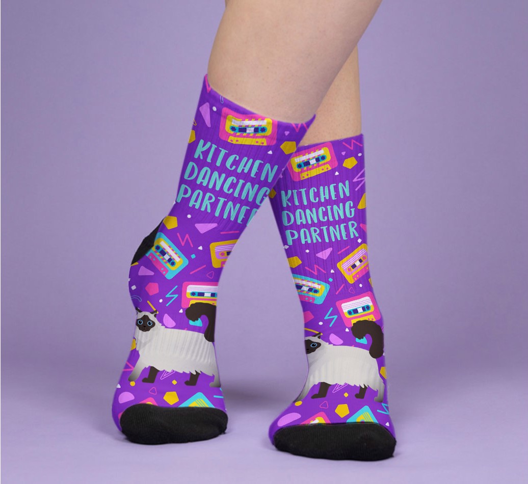 Kitchen Dancing Partner: Personalised {breedFullName} Socks - woman's feet on purple background