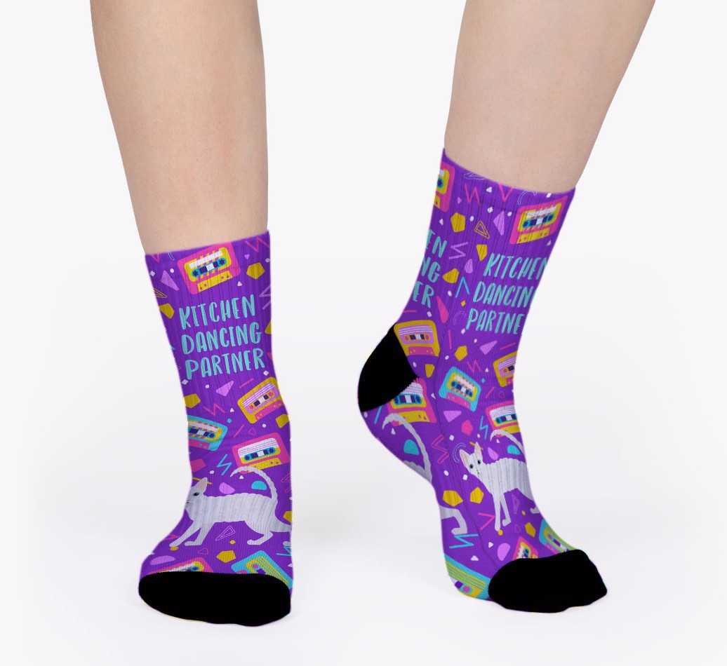 Kitchen Dancing Partner: Personalized {breedFullName} Socks - woman's feet on purple background