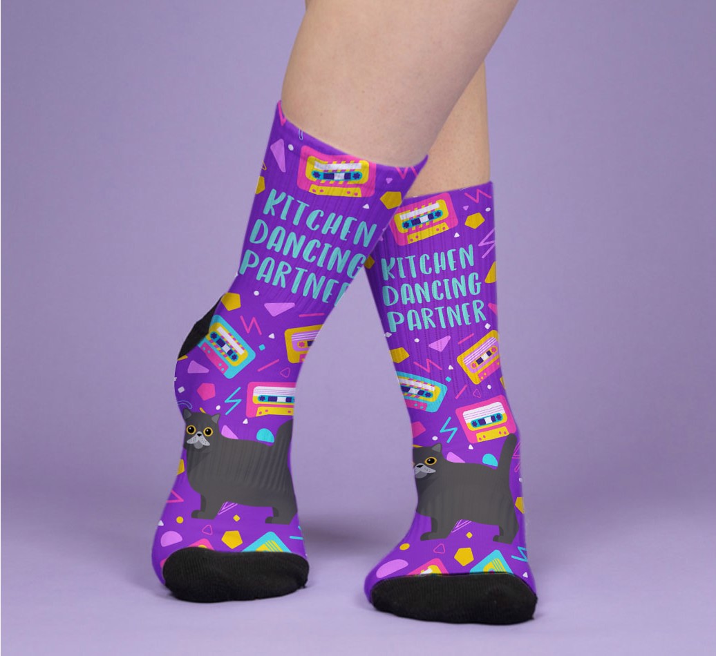 Kitchen Dancing Partner: Personalised {breedFullName} Socks - woman's feet on purple background