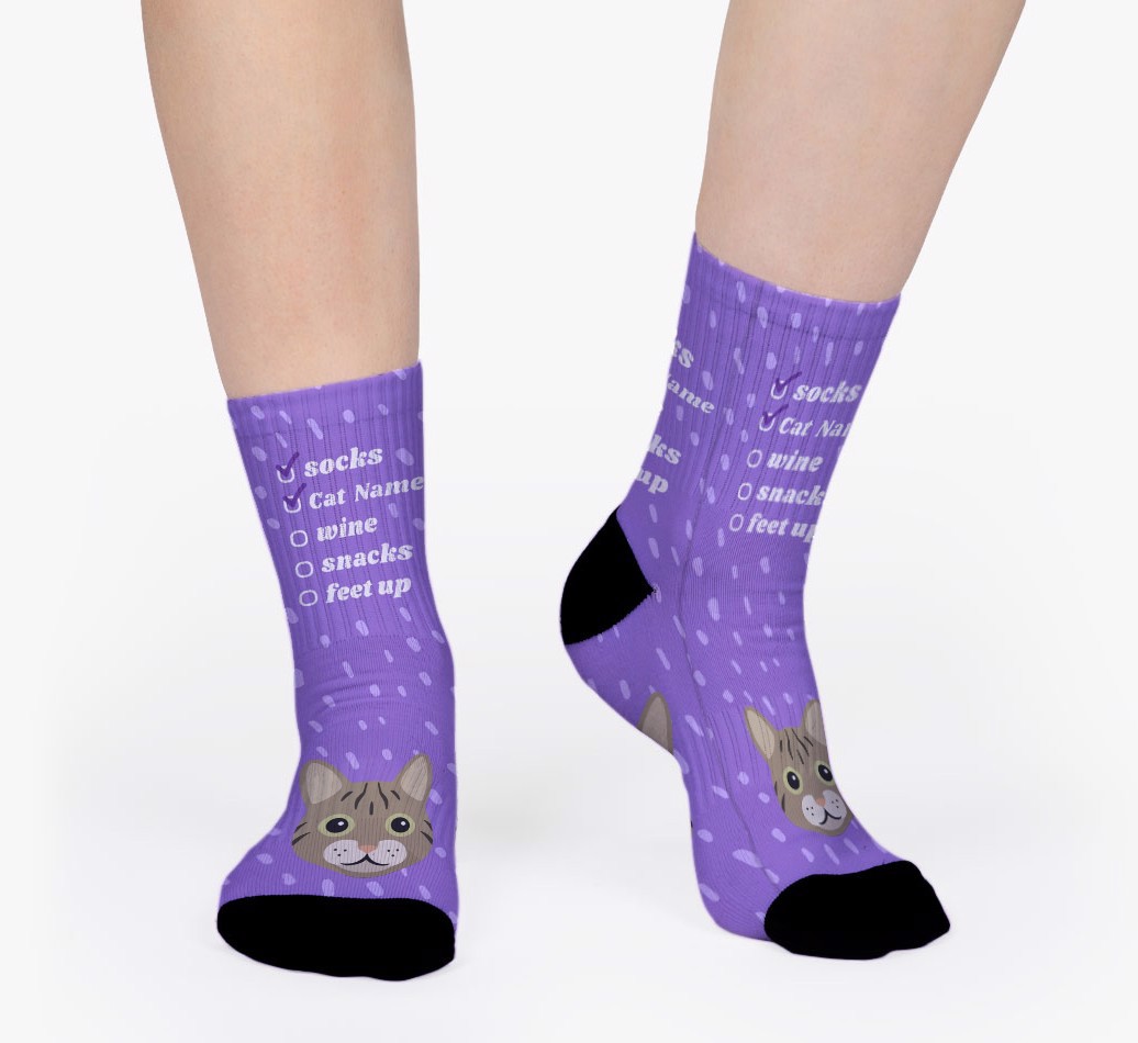 Relaxing Tick List: Personalised {breedFullName} Socks - woman's feet on purple background