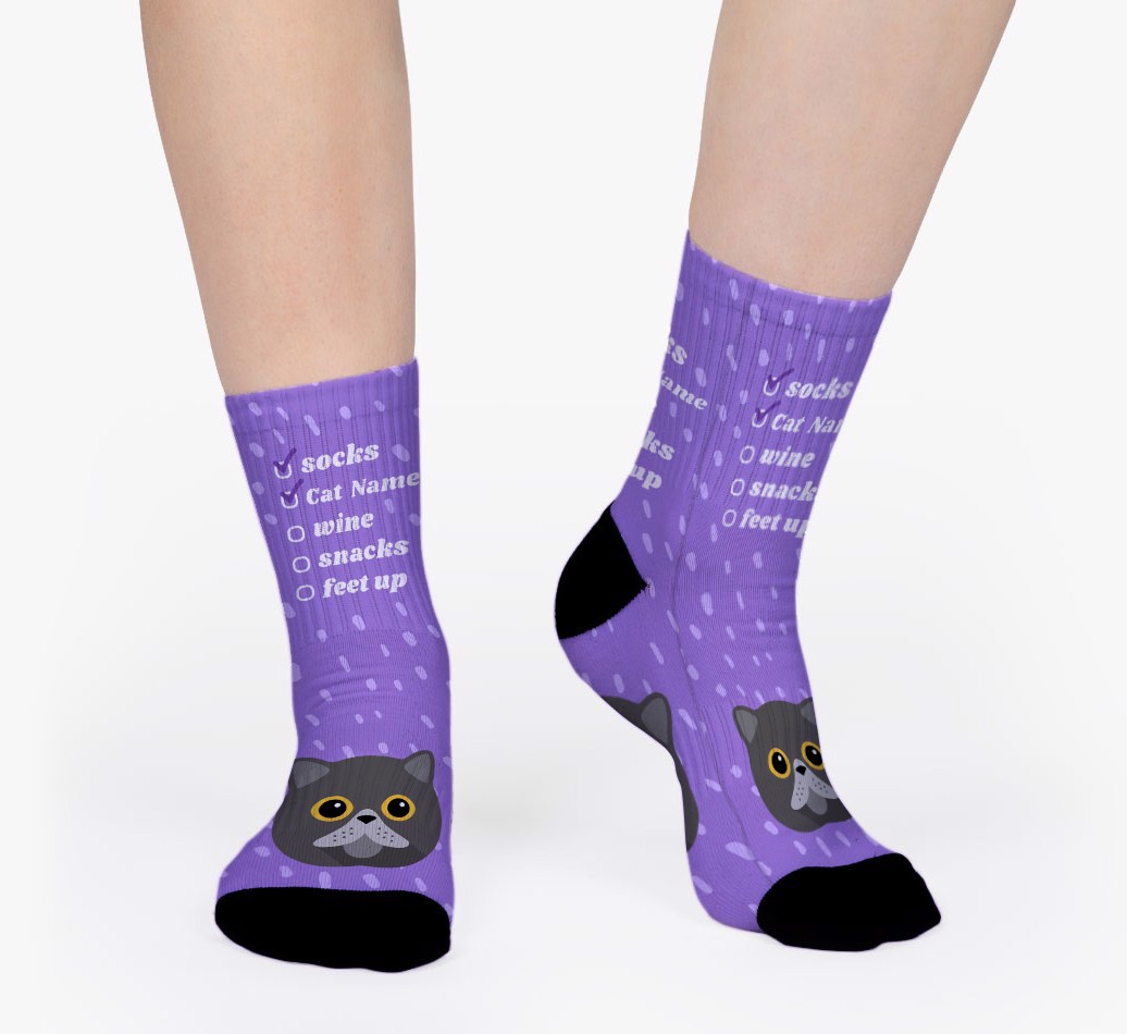 Relaxing Tick List: Personalized {breedFullName} Socks - woman's feet on purple background