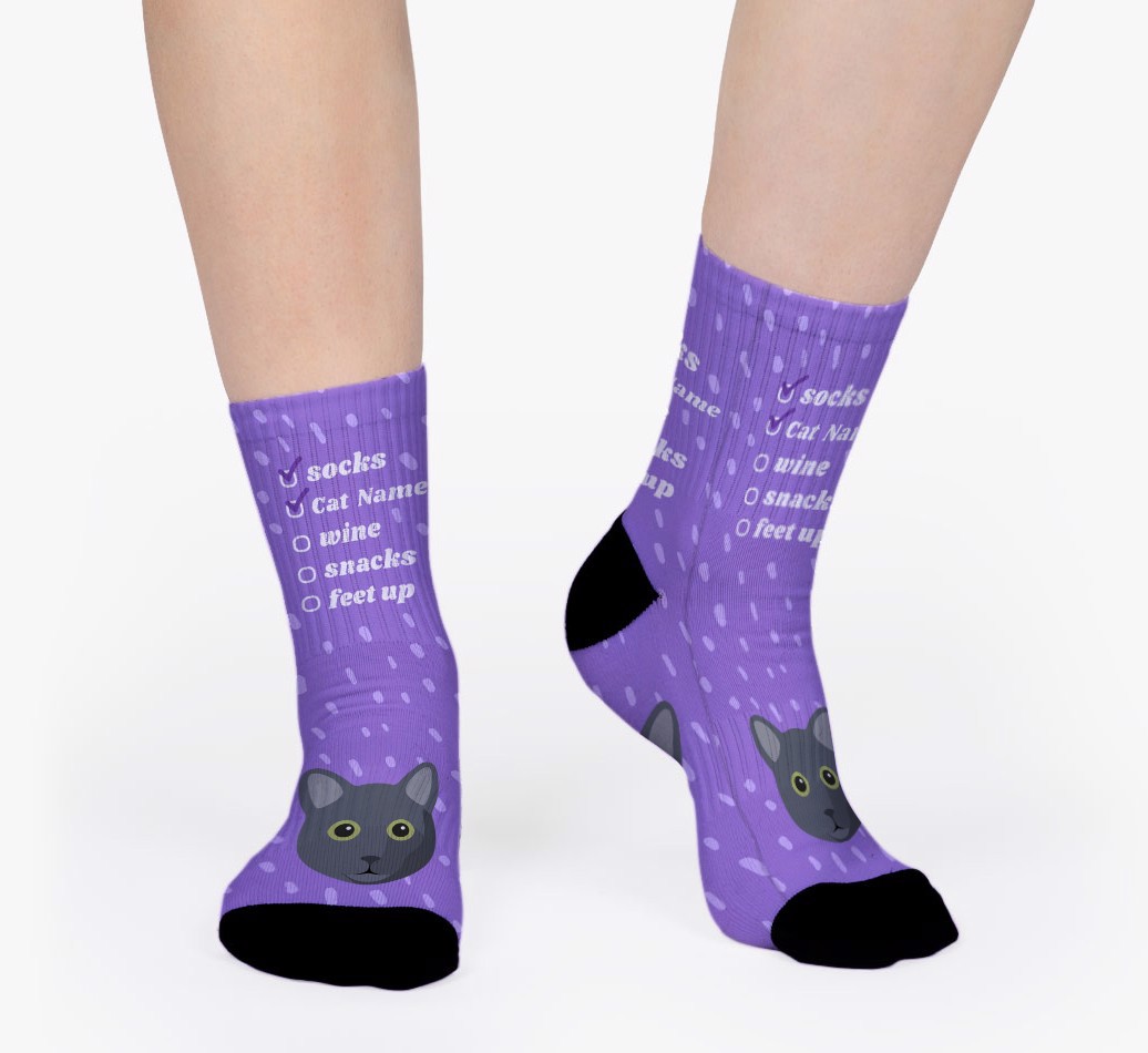 Relaxing Tick List: Personalized {breedFullName} Socks - woman's feet on purple background