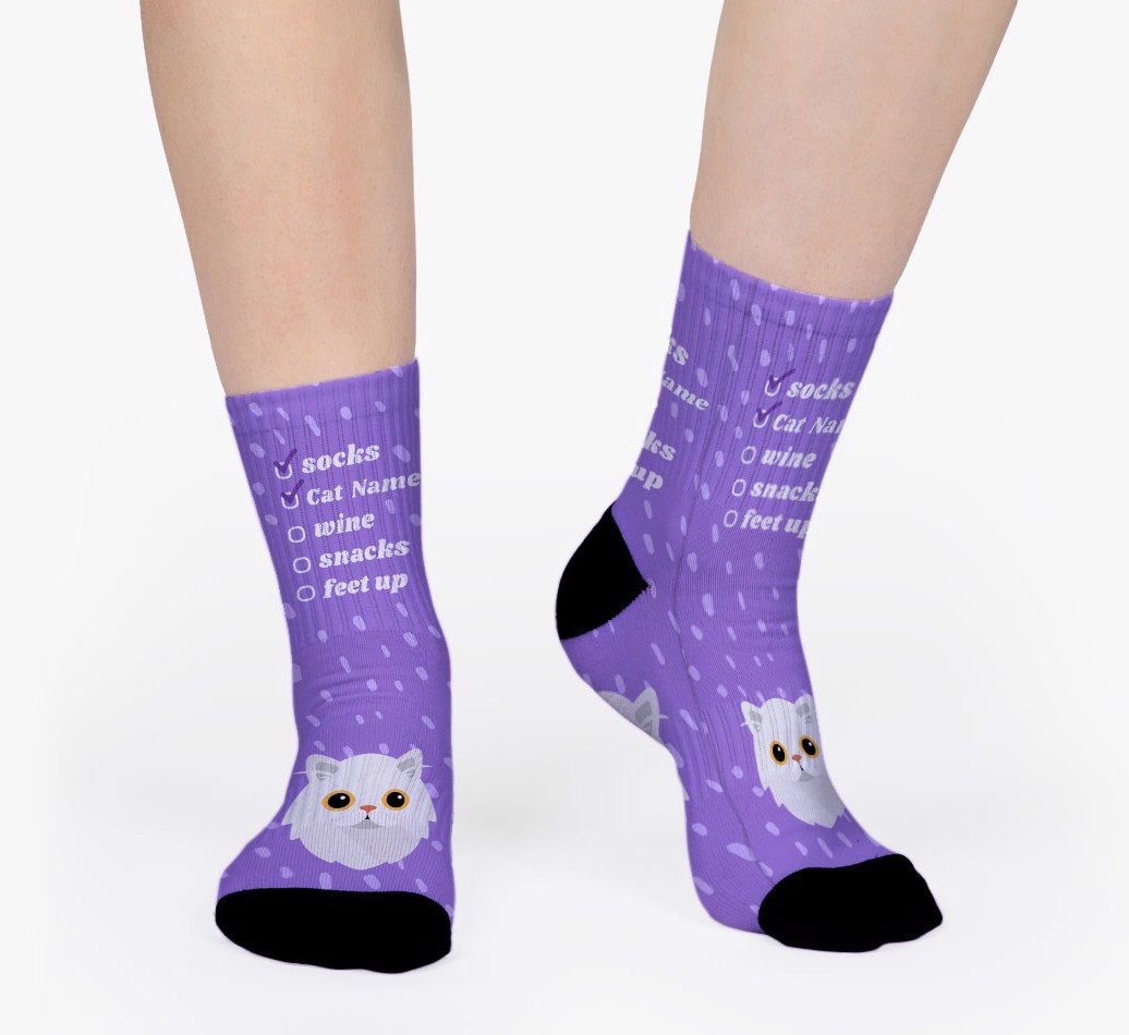 Relaxing Tick List: Personalised {breedFullName} Socks - woman's feet on purple background