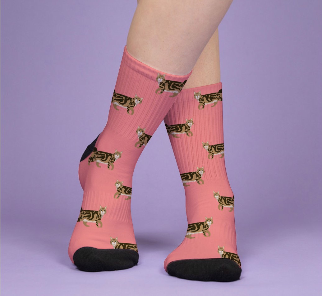 Your Cat Icon Pattern: Personalised {breedFullName} Socks - woman's feet on purple background