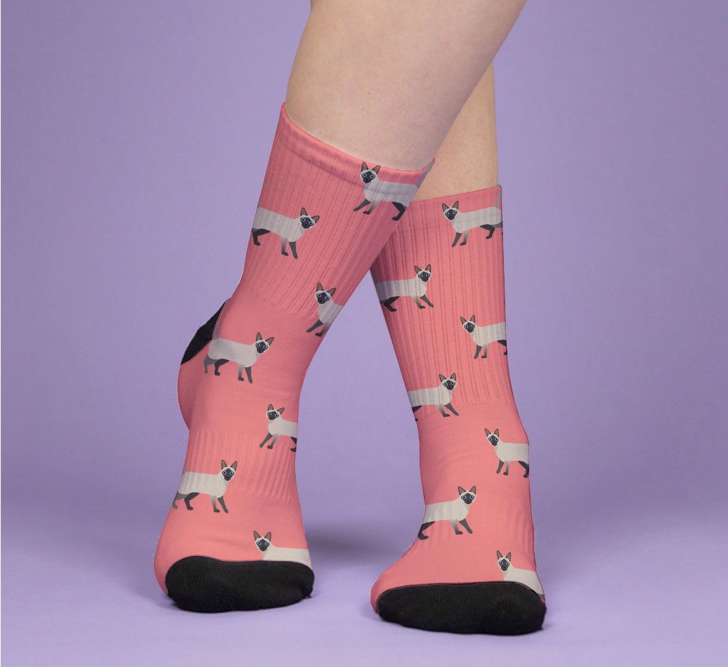 Your Cat Icon Pattern: Personalized {breedFullName} Socks - woman's feet on purple background