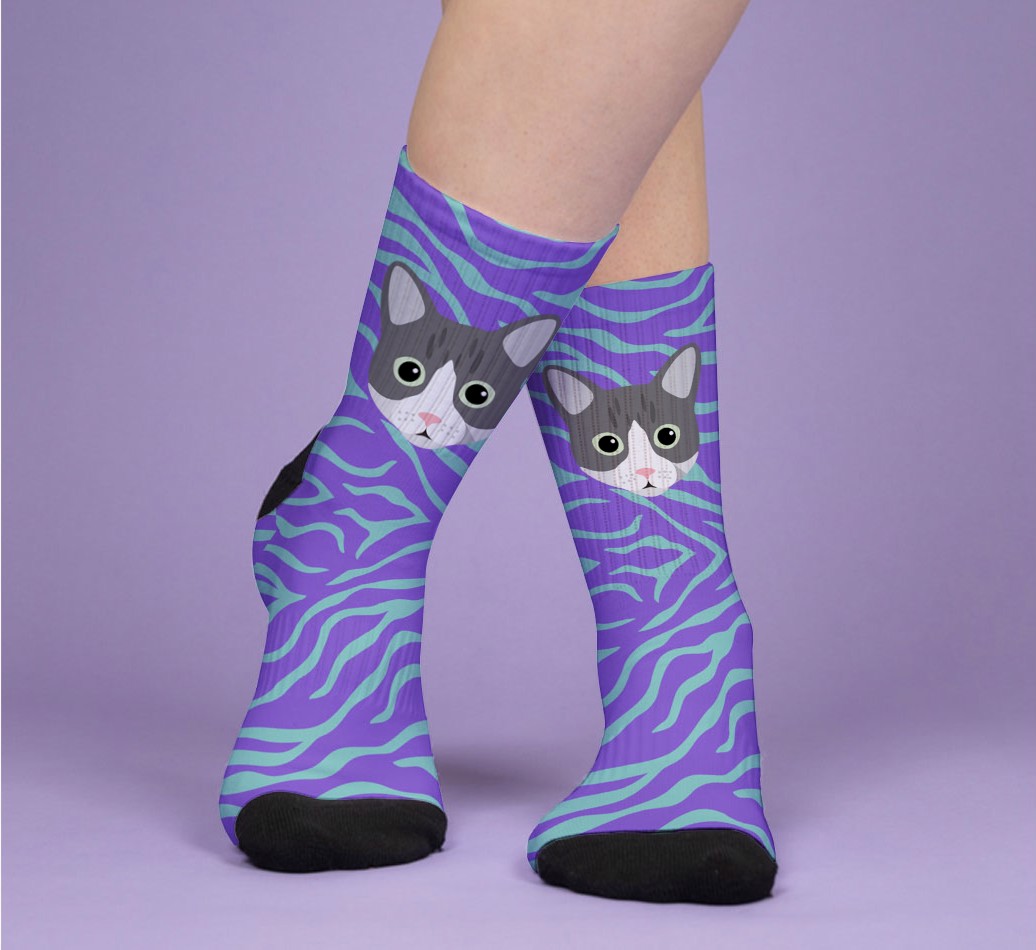 Tabby Stripes: Personalized {breedFullName} Socks - woman's feet on purple background