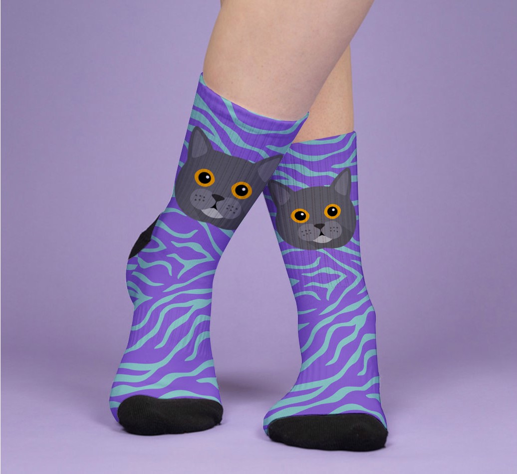 Tabby Stripes: Personalized {breedFullName} Socks - woman's feet on purple background