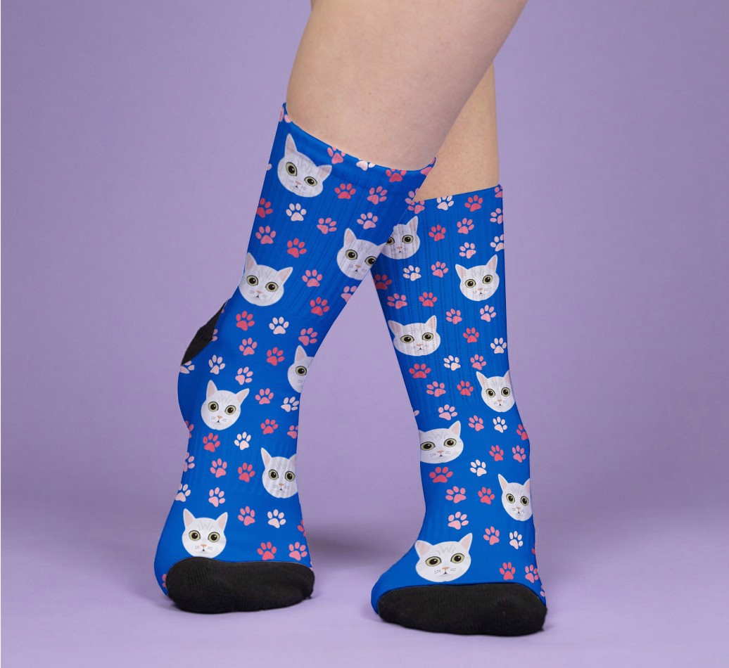 Paws & Your Cat Icon Pattern: Personalised {breedFullName} Socks - woman's feet on purple background