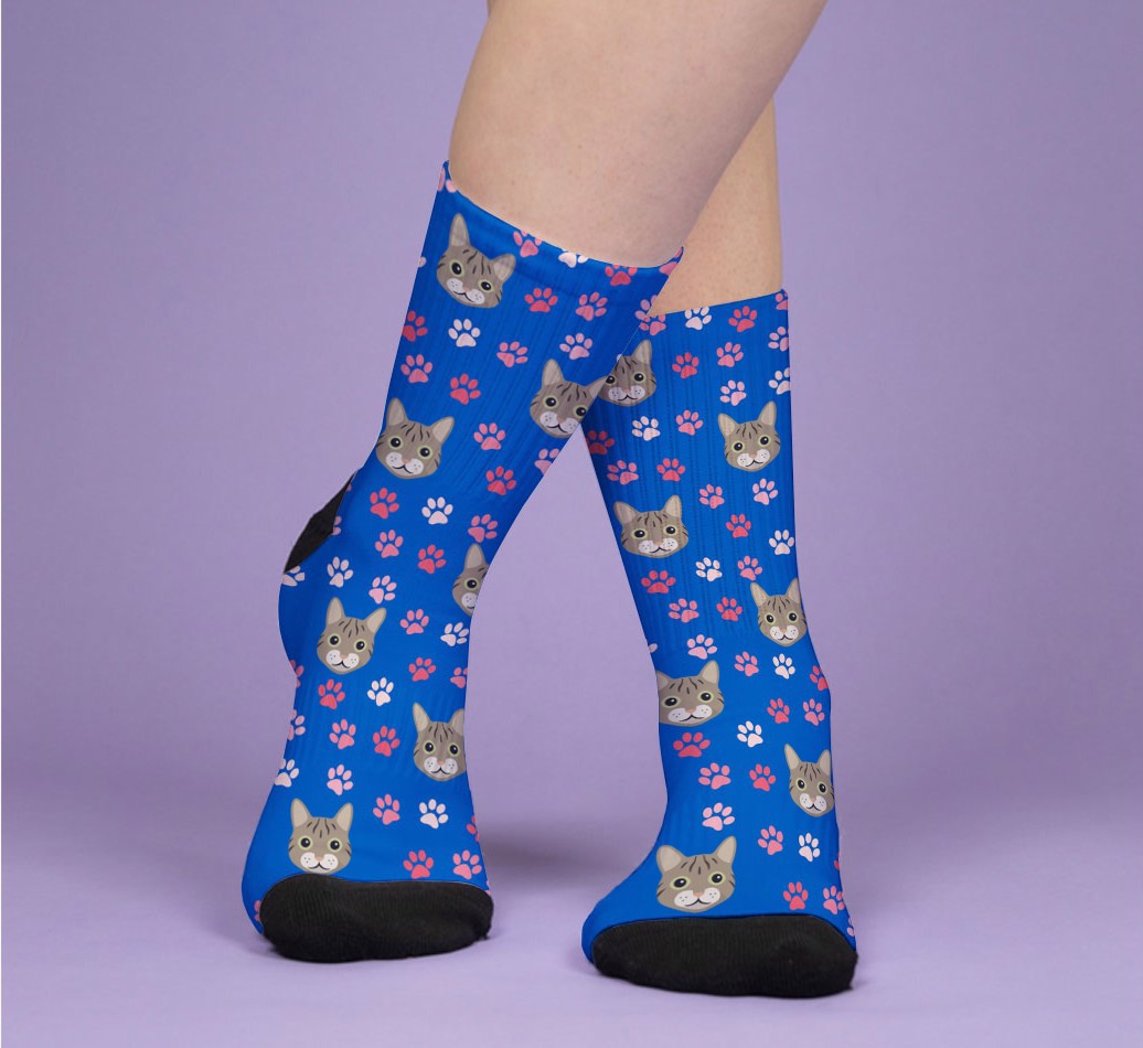 Paws & Your Cat Icon Pattern: Personalized {breedFullName} Socks - woman's feet on purple background