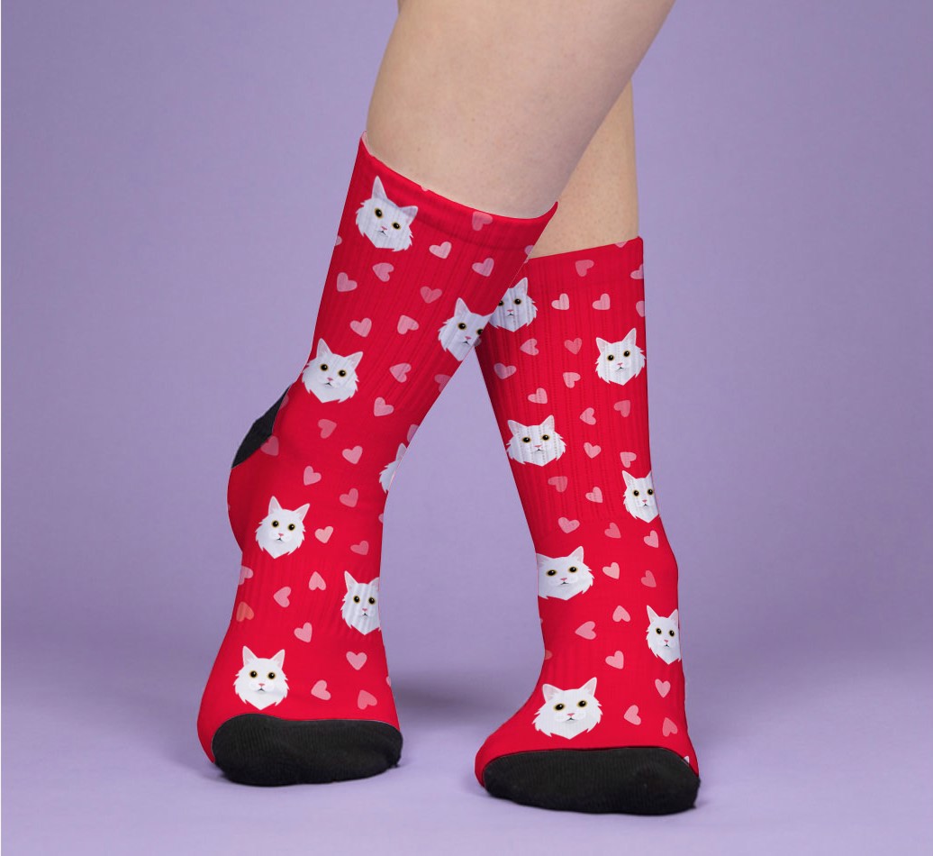 Love Hearts and Cats Pattern: Personalized {breedFullName} Socks - woman's feet on purple background