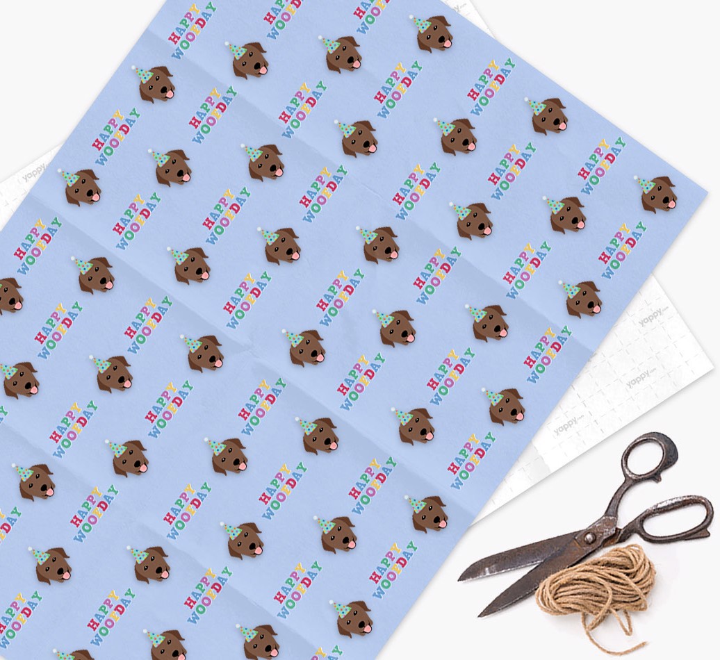 Happy Woofday: Personalised {breedFullName} Wrapping Paper - wrapping paper, scissors and string