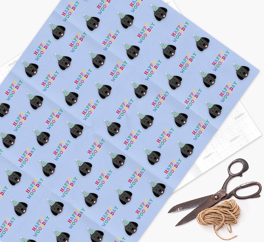 Happy Woofday: Personalised {breedFullName} Wrapping Paper - wrapping paper, scissors and string