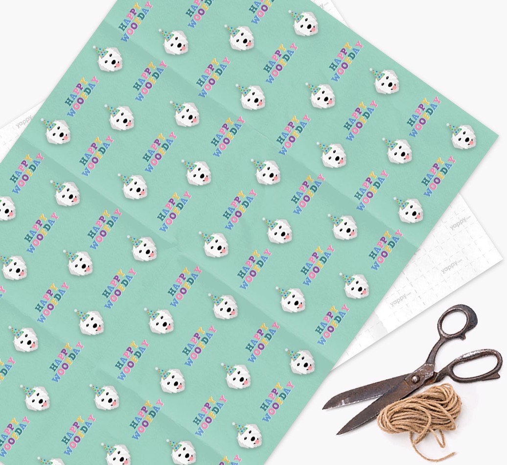 Happy Woofday: Personalized {breedFullName} Wrapping Paper - wrapping paper, scissors and string