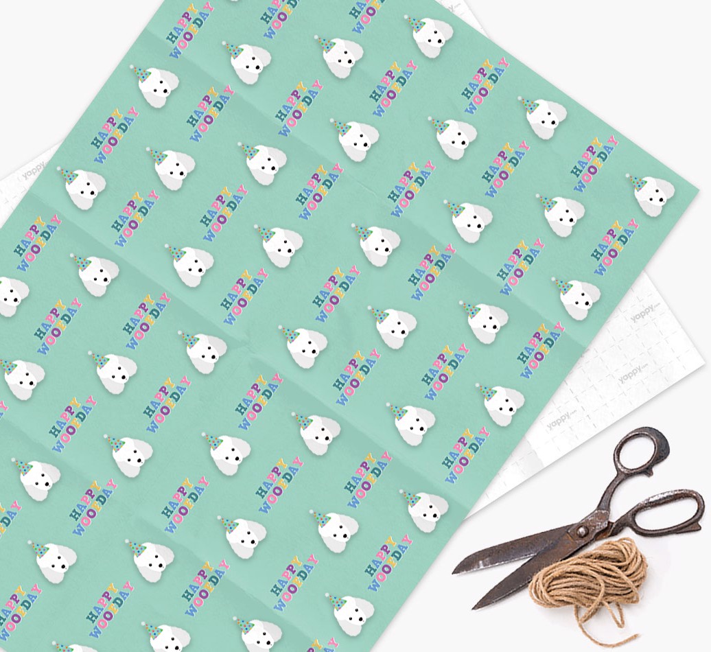 Happy Woofday: Personalized {breedFullName} Wrapping Paper - wrapping paper, scissors and string
