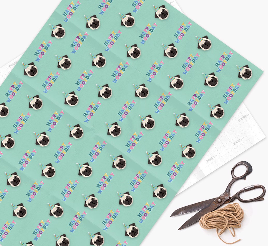 Happy Woofday: Personalized {breedFullName} Wrapping Paper - wrapping paper, scissors and string