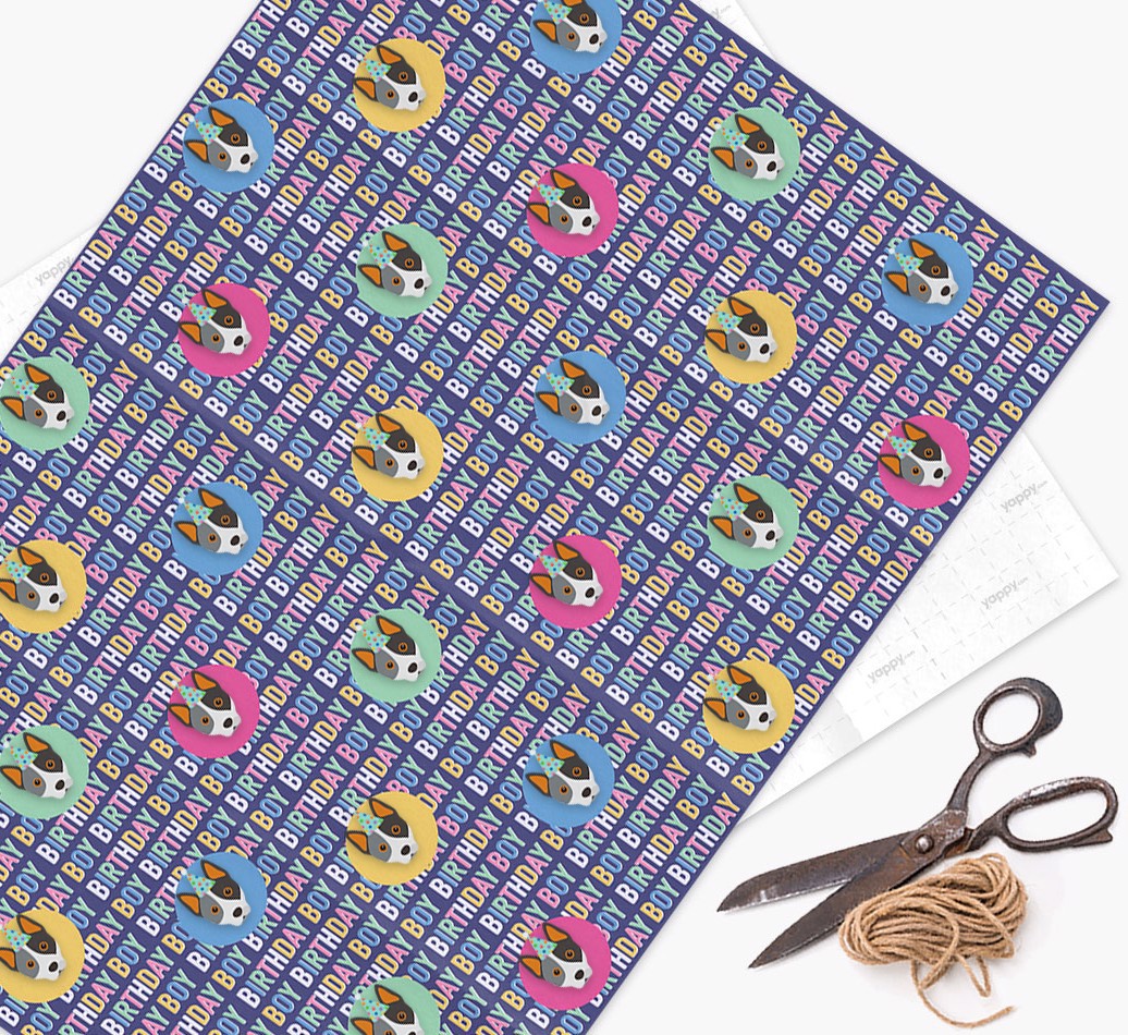 Birthday Boy: Personalized {breedFullName} Wrapping Paper - wrapping paper, scissors and string
