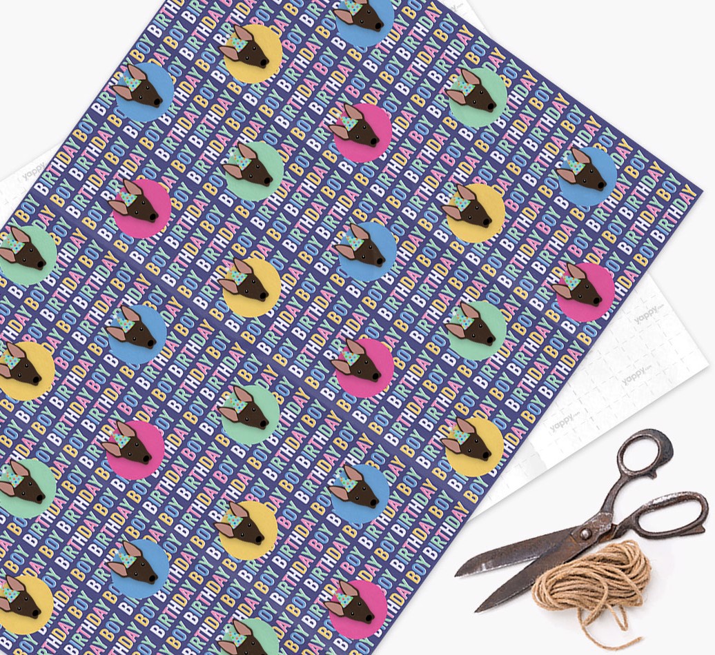 Birthday Boy: Personalised {breedFullName} Wrapping Paper - wrapping paper, scissors and string