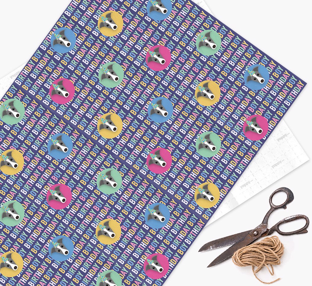 Birthday Boy: Personalised {breedFullName} Wrapping Paper - wrapping paper, scissors and string