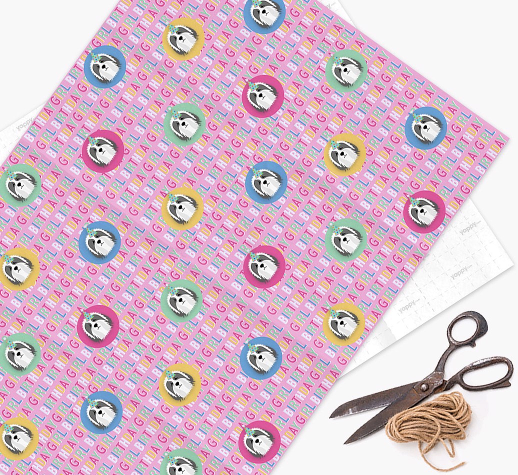 Birthday Girl: Personalized {breedFullName} Wrapping Paper - wrapping paper, scissors and string