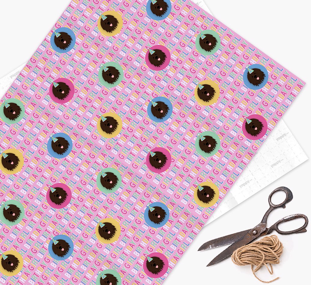 Birthday Girl: Personalized {breedFullName} Wrapping Paper - wrapping paper, scissors and string