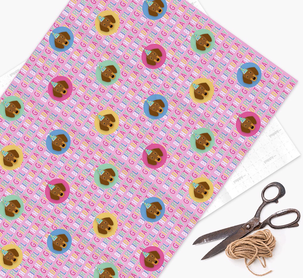 Birthday Girl: Personalised {breedFullName} Wrapping Paper - wrapping paper, scissors and string