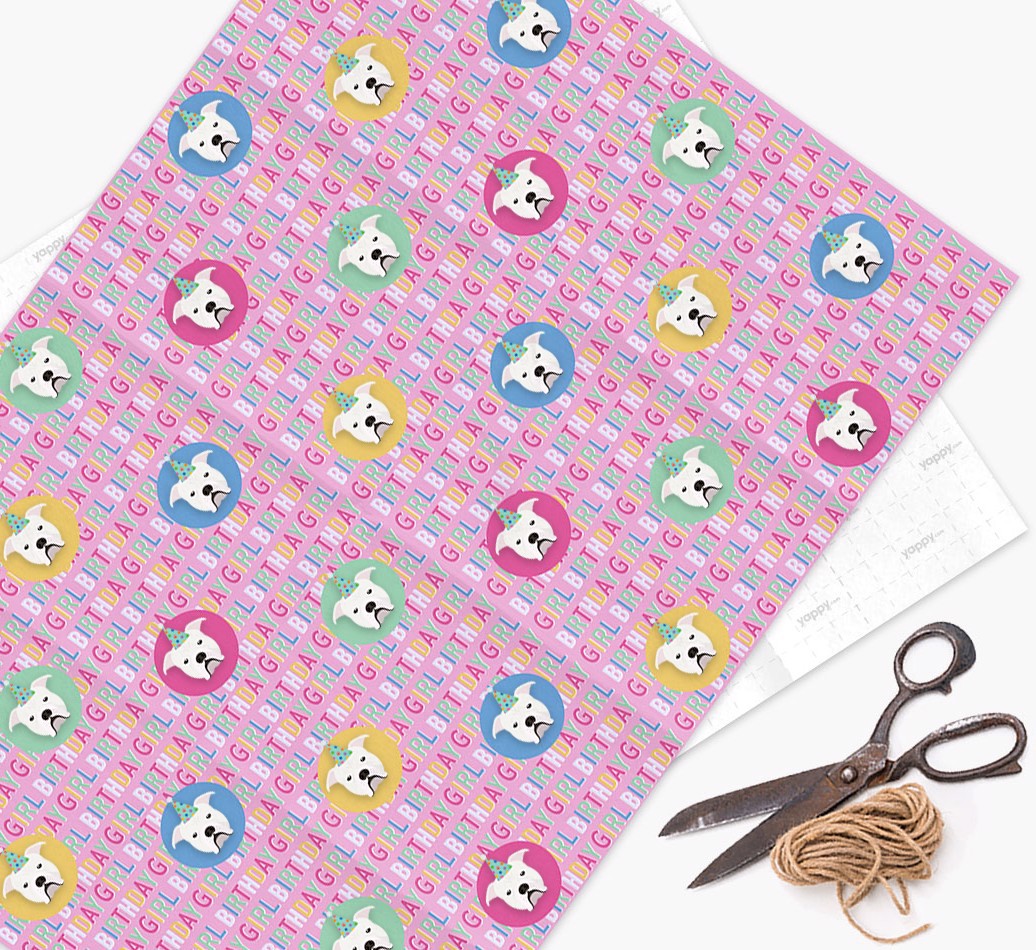 Birthday Girl: Personalized {breedFullName} Wrapping Paper - wrapping paper, scissors and string
