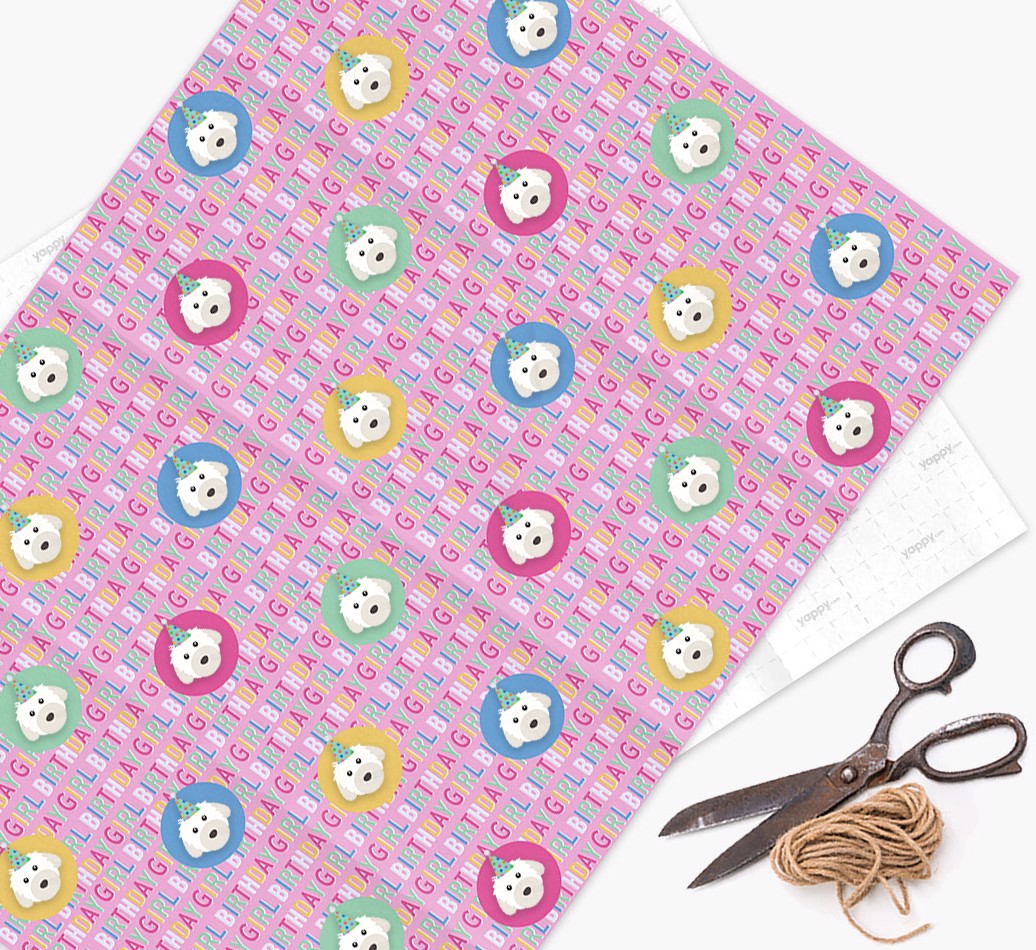 Birthday Girl: Personalized {breedFullName} Wrapping Paper - wrapping paper, scissors and string