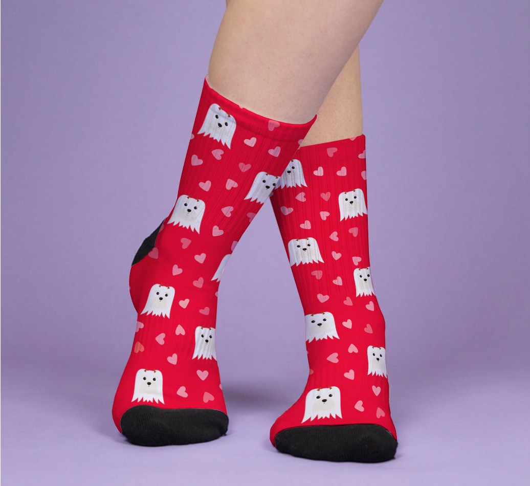 Love Hearts and Dogs Pattern: Personalised {breedFullName} Socks - woman's feet on purple background