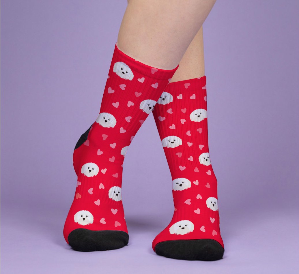 Love Hearts and Dogs Pattern: Personalised {breedFullName} Socks - woman's feet on purple background