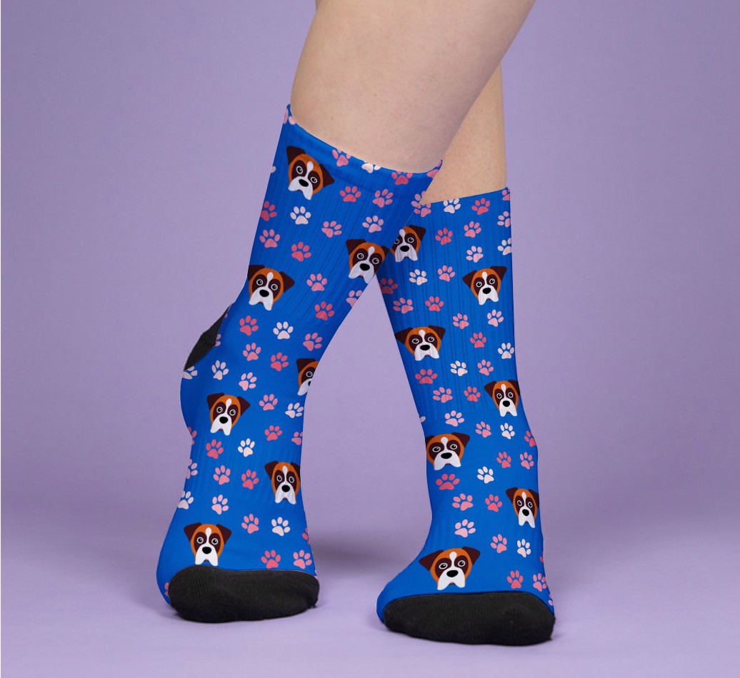 Paws & Dog Pattern: Personalised {breedFullName} Socks - woman's feet on purple background