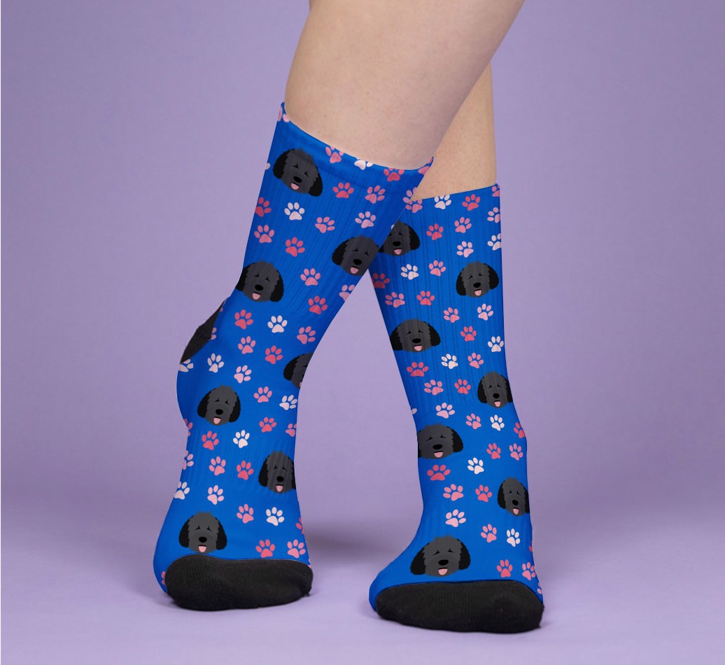 Paws & Dog Pattern: Personalised {breedFullName} Socks - woman's feet on purple background