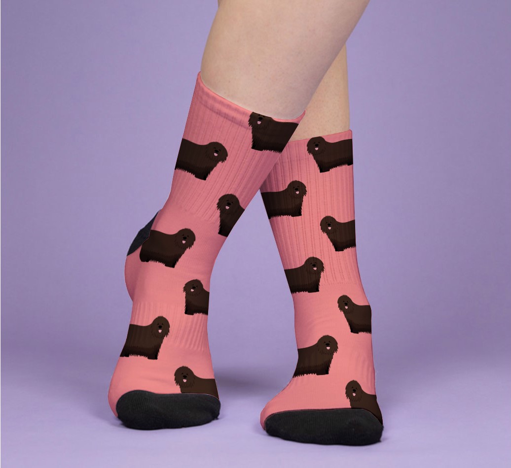 Your Dog Icon Pattern: Personalised {breedFullName} Socks - woman's feet on purple background