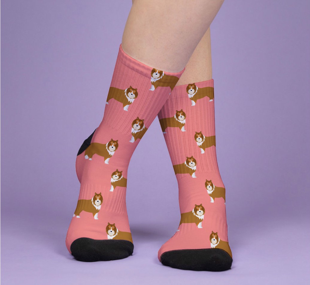 Your Dog Icon Pattern: Personalized {breedFullName} Socks - woman's feet on purple background