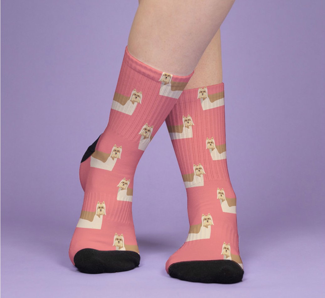 Your Dog Icon Pattern: Personalized {breedFullName} Socks - woman's feet on purple background