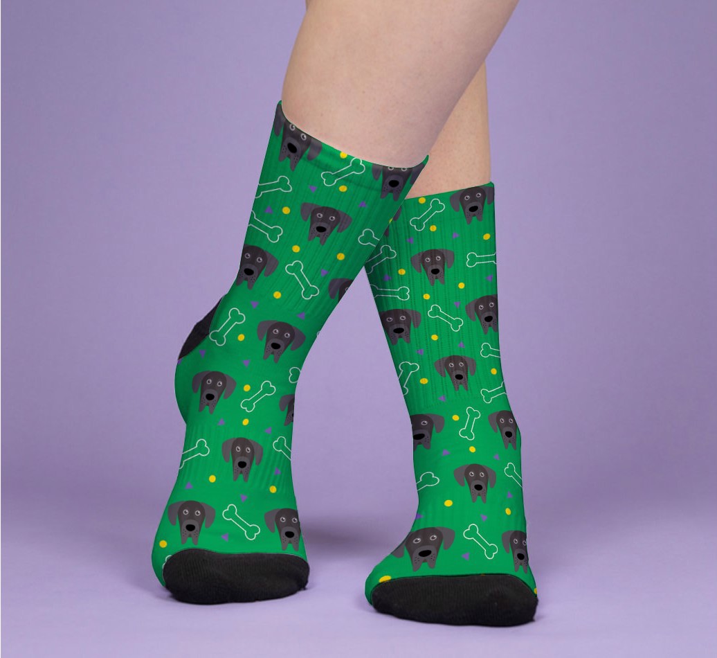 Dog & Bones Pattern: Personalised {breedFullName} Socks - woman's feet on purple background