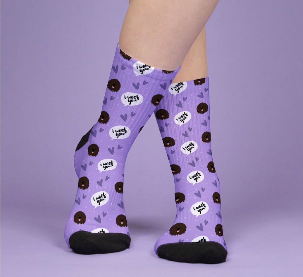 I Woof You: Personalized {breedFullName} Socks - woman's feet on purple background