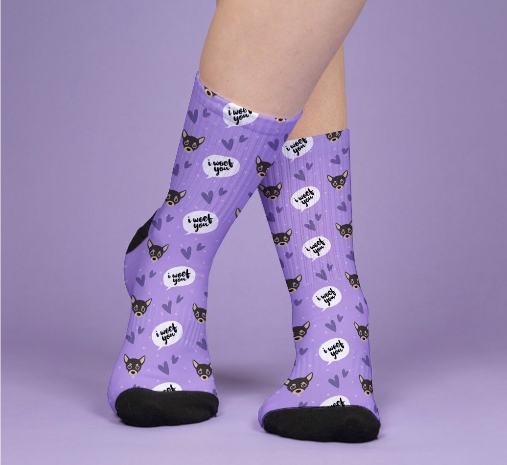 I Woof You: Personalised {breedFullName} Socks - woman's feet on purple background